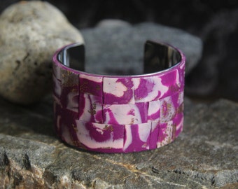 Wide cuff bracelet, Magenta Pink bracelets unique, Polymer clay jewelry Band Handmade Clay