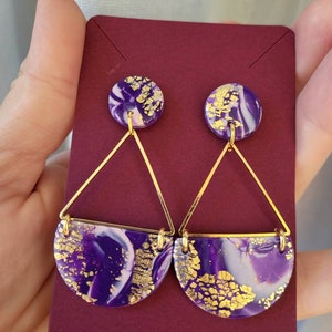 Purple clay earrings dangle, Geometric triangle earrings handmade, Unusual polymer clay earring