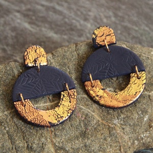 Navy Blue Polymer Clay Earrings – Copper & Gold Leaf Dangle
