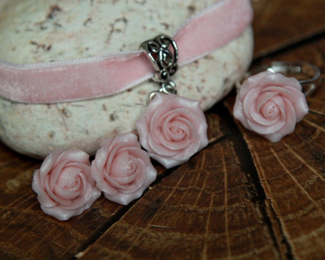 Light Pink Rose Necklace and Earrings Blush Pink Flower Set - Etsy