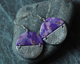 Purple earrings dangle, Polymer clay earrings, Violet earrings round