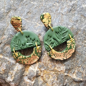 Dark green gold earrings Polymer clay earrings dangle Green grass Jewelry handmade