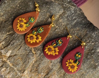 Sunflower earrings dangle, Polymer clay earrings flower, Boho bride earrings, Drop earrings with sunflowers, Statement lightweight earrings