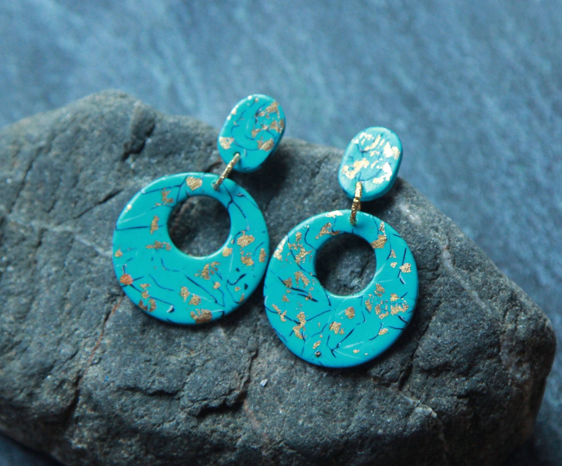 Turquoise Earrings Gold Teal Earrings Statement Earrings Etsy