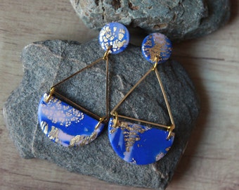 Royal blue earrings, Polymer clay earrings dangle, Abstract geometric earrings, Blue marble earrings, Statement earrings modern, Mokume gane