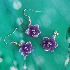 Dark purple earrings, Violet earrings flower, Polymer clay jewelry set
