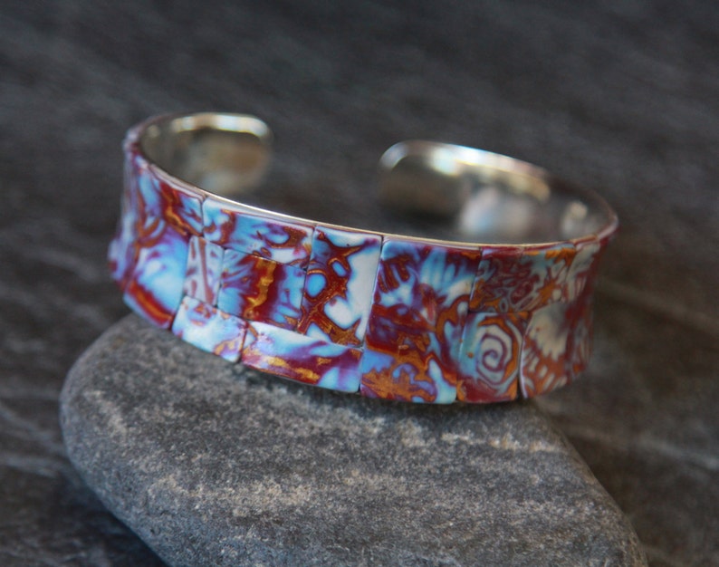 Cuff bracelet women Polymer clay bracelet Wide arm bracelet Silver bangle bracelet Unique jewelry Womens gifts Men arm cuff bracelet gift