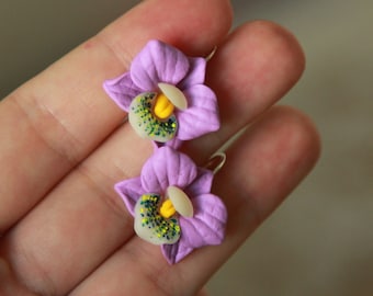 Orchid earrings, Polymer clay earrings, Lilac flower earrings, Light purple jewelry women, Summer gift for her, Clay flower earrings