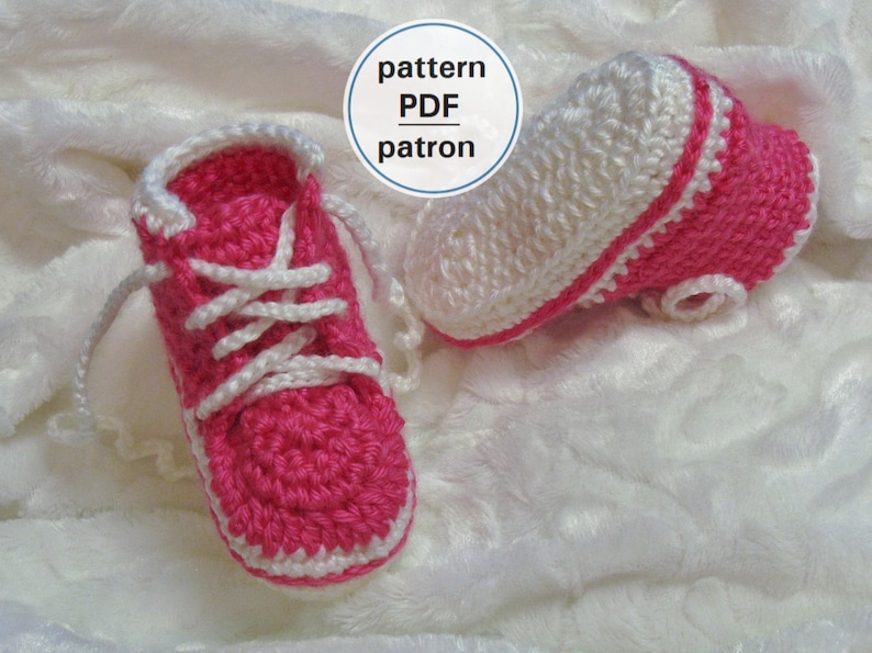 Crochet PATTERN Baby Sneakers, Hi-Top Baby Shoes, 0-12 months, Baby Booties, Easy Pattern, English French, PDF 45 image 1