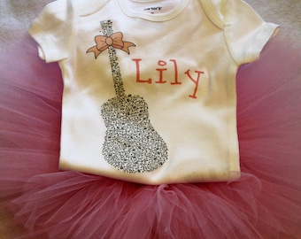 Personalized Baby Girl Guitar Outfit: Newborn Bodysuit & Pink Tutu