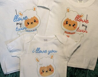 Llama shirts/I llove my twin shirts/I love my twin shirts/llama twins/boy and girl twin shirts/I llove you llama shirt/Baby twin shirts