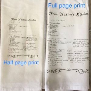 May include: Two white tea towels with handwritten recipes for "Chicken Ball of Fire" and "Chicken Asparagus". The text on the left towel says "From Nadine's Kitchen" and "Half page print". The text on the right towel says "From Nadine's Kitchen" and "Full page print".
