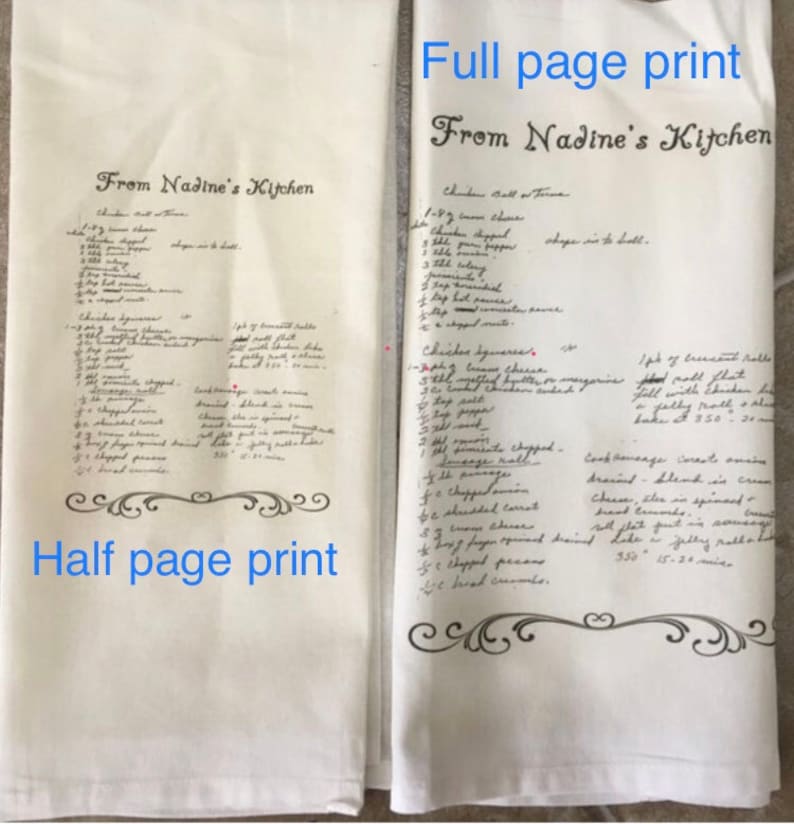 May include: Two white tea towels with handwritten recipes for "Chicken Ball of Fire" and "Chicken Asparagus". The text on the left towel says "From Nadine's Kitchen" and "Half page print". The text on the right towel says "From Nadine's Kitchen" and "Full page print".