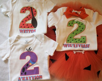 Flintstones inspired birthday outfits for triplets/Pebbles birthday outfit/Bam Bam birthday outfit/Flintstones birthday shirts