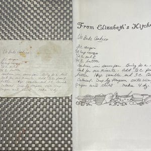 May include: Two handwritten recipes for No Bake Cookies on a white background. The recipes are from Elizabeth's Kitchen and include ingredients like sugar, cocoa, milk, butter, peanut butter, and quick oatmeal.