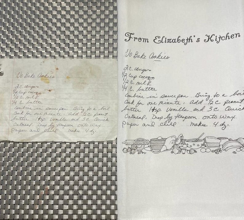 May include: Two handwritten recipes for No Bake Cookies on a white background. The recipes are from Elizabeth's Kitchen and include ingredients like sugar, cocoa, milk, butter, peanut butter, and quick oatmeal.