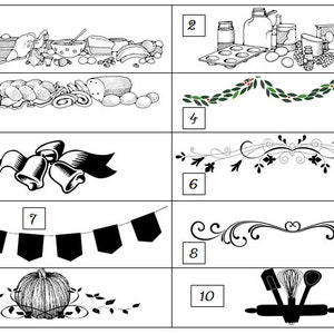May include: A set of ten black and white illustrations of various designs, including a kitchen scene, a wreath, bells, a banner, a pumpkin, and kitchen utensils. Each illustration is numbered 1 through 10.