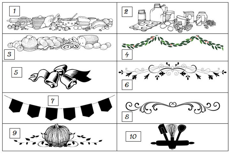 May include: A set of ten black and white illustrations of various designs, including a kitchen scene, a wreath, bells, a banner, a pumpkin, and kitchen utensils. Each illustration is numbered 1 through 10.