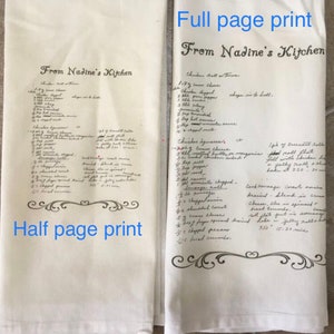 May include: Two white tea towels with handwritten recipes for "Chicken Ball of Fire" and "Chicken Asparagus". The text on the left towel says "From Nadine's Kitchen" and "Half page print". The text on the right towel says "From Nadine's Kitchen" and "Full page print".