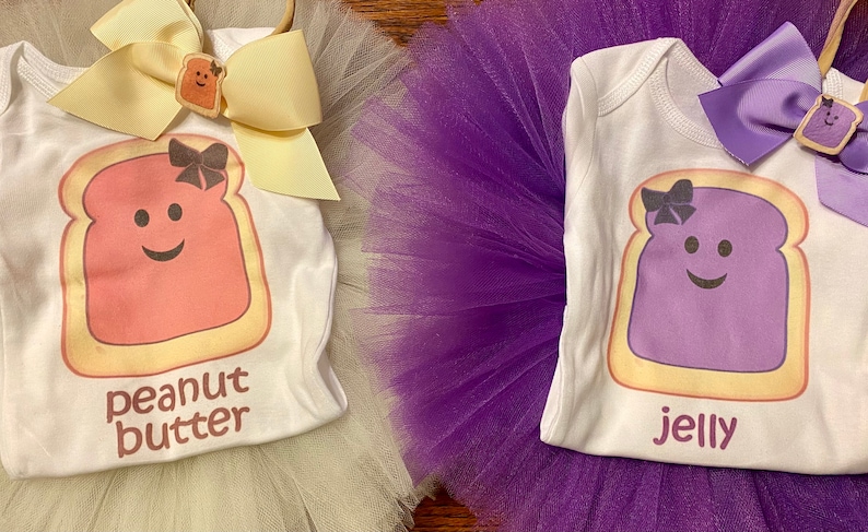 Peanut Butter and Jelly outfit for twin girls/Peanut butter and jelly outfit for sisters/Twin girls tutu outfits/Peanut butter jelly bows image 2