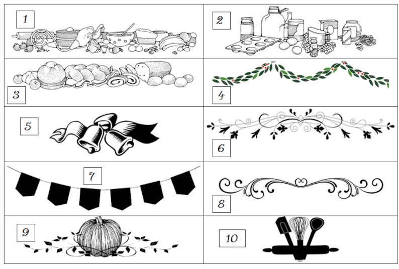 May include: A set of ten black and white illustrations of various designs, including a kitchen scene, a wreath, bells, a banner, a pumpkin, and kitchen utensils. Each illustration is numbered 1 through 10.