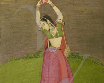 Indian Woman Dancing Painting Print, India Antique Artwork, Rajasthan, Vintage Female Wall Art, Dancer, Fine Art Print