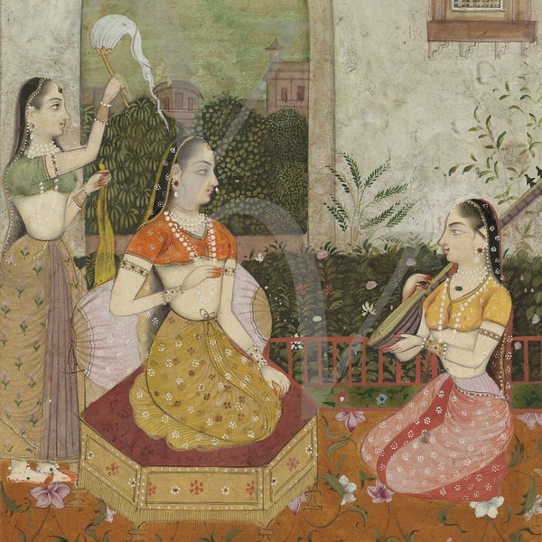 Indiase vrouwen schilderij Art Print, India, antieke kunstwerken, Rajasthan, vintage vrouwelijke muurkunst, prinses, Fine Art Print