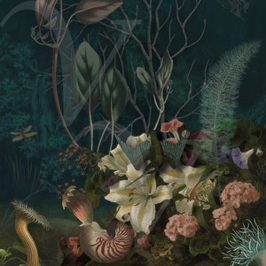 Sea Forest Art Print, Underwater Nature, Original Collage, Lush Dark Floral, Exotic Fantasy Ocean Wall Art, Flowers, Marine, Fine Art Print
