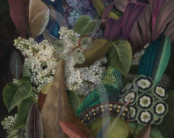 Fantasy Forest Art Print, Original Collage, Exotic, Wild Garden Wall Art, Birds, Decadent Nature, Flowers, Plants, Jungle, Fine Art Print
