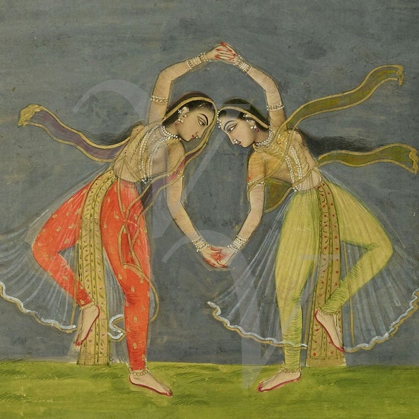 Impression de peinture de danseuses indiennes, Inde, oeuvre d'art antique, Rajasthan, femmes dansant, art mural féminin vintage, danse, impression d'art