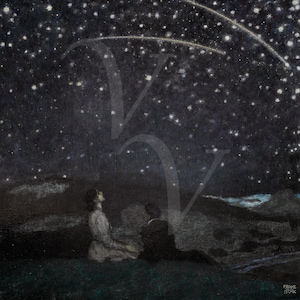 Lovers Star Gazing Painting Print, Night Sky, Antique Artwork, Shooting Stars, Vintage Celestial Wall Art, Astronomy, Fine Art Print