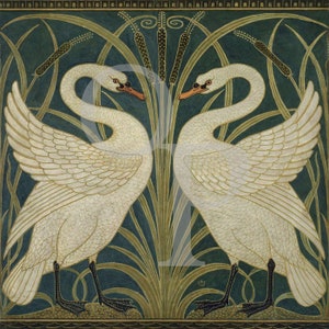Swans and Iris Painting Print, Art Nouveau, Antique Artwork, Walter Crane,  Vintage White Swan Wall Art, Nature Lover, Birds, Fine Art Print