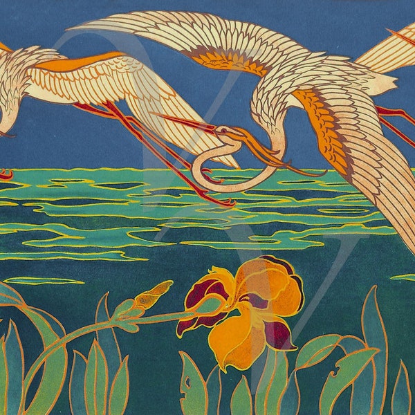 Impression de peinture de nature Art nouveau, aigrettes et fleurs d'iris, oeuvre d'art ancienne, art mural oiseaux vintage, iris, impression d'art oiseau exotique