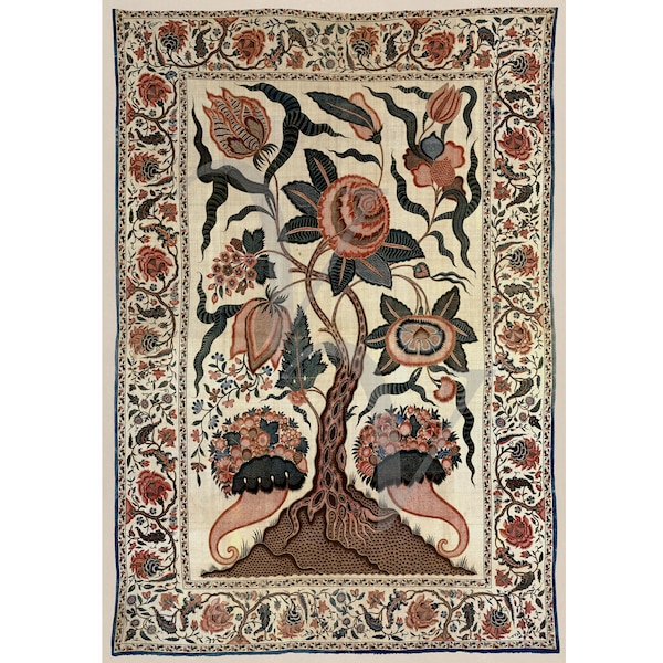 Impression d'arbre floral indien, Inde, oeuvre d'art ancienne, design textile, fleurs vintage, art mural nature, oriental, impression d'art