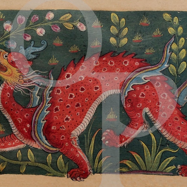 Persian Dragon Painting Art Print, Persia, Antique Artwork, Bestiary, Vintage Mythology Wall Art, Middle Eastern, Animals, Fine Art Print