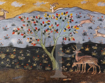 Persian Animals Painting Art Print, Persia, Antique Artwork, Nature Lovers, Vintage Wildlife Wall Art, Deer, Middle Eastern, Fine Art Print