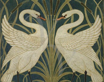 Swans and Iris Painting Print, Walter Crane, Antique Artwork, Art Nouveau, Vintage White Swan Wall Art, Nature Lover, Birds, Fine Art Print