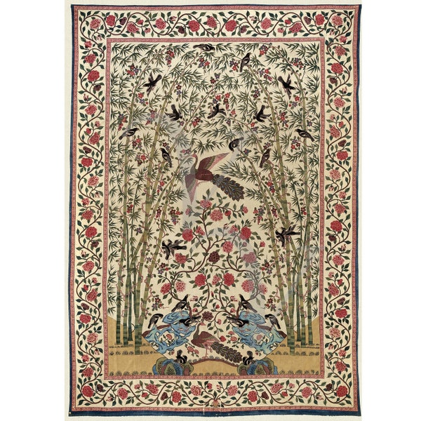 Peacocks, Bamboo & Birds Print, India, Antique Artwork, Exotic, Vintage Indian Floral Textile Design, Exotic Nature Wall Art, Fine Art Print