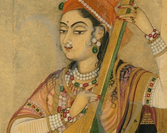 Woman Playing Music Painting Print, Indian, Tanpura, Antique Artwork, India, Rajasthan, Radha, Vintage Female Wall Art, Fine Art Print