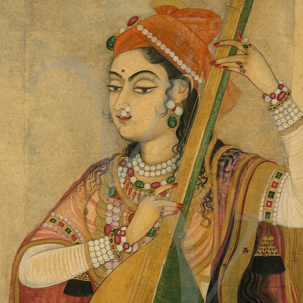 Woman Playing Music Painting Print, Indian, Tanpura, Antique Artwork, India, Rajasthan, Radha, Vintage Female Wall Art, Fine Art Print