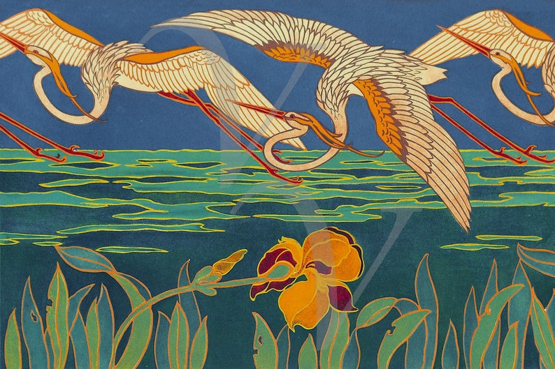 Art Nouveau Nature Painting Print Egrets and Iris Flowers Etsy