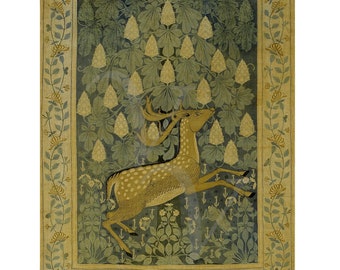 Deer and Chestnut Tree Art Print, Antique Tapestry Artwork, Vintage Animal Wall Art, Rabbit, Honeysuckle, Nature, Flowers, Fine Art Print