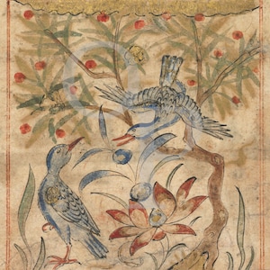 Persian Birds Painting Print, Persia, Antique Artwork, Bird, Vintage Nature Wall Art, Exotic, Lotus Flower, Middle Eastern, Fine Art Print
