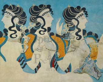 Ancient Greek Art Print, Minoan Fresco, Crete, Greece, Ladies in Blue, Archaeology, Vintage Female Wall Art, Antiquities, Fine Art Print