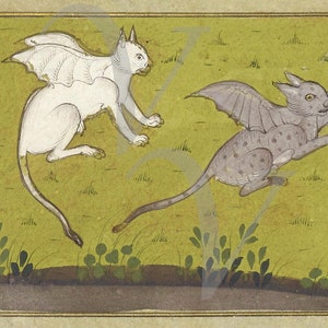 Persian Flying Cats Print, Persia, Antique Artwork, Bestiary, Vintage Mythology Wall Art, Strange Cat Creatures Painting, Fine Art Print