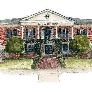 May include: Watercolor illustration of a brick building with columns and the text "GAMMA PHI BETA" above the entrance. The building has black shutters, a green lawn, and a brick pathway leading to the front door.