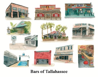 Puede incluir: Una ilustración de acuarela de 10 bares diferentes en Tallahassee, Florida. La ilustración es de estilo de dibujos animados y presenta una variedad de estilos arquitectónicos, incluyendo edificios de ladrillo, edificios de madera y edificios con toldos. La ilustración está sobre un fondo blanco.