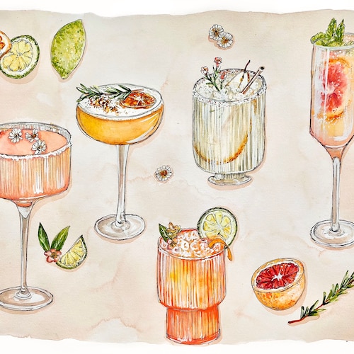 Boho Cocktails Art Print / Bar Cart Art Print / Summery Drinks Etsy