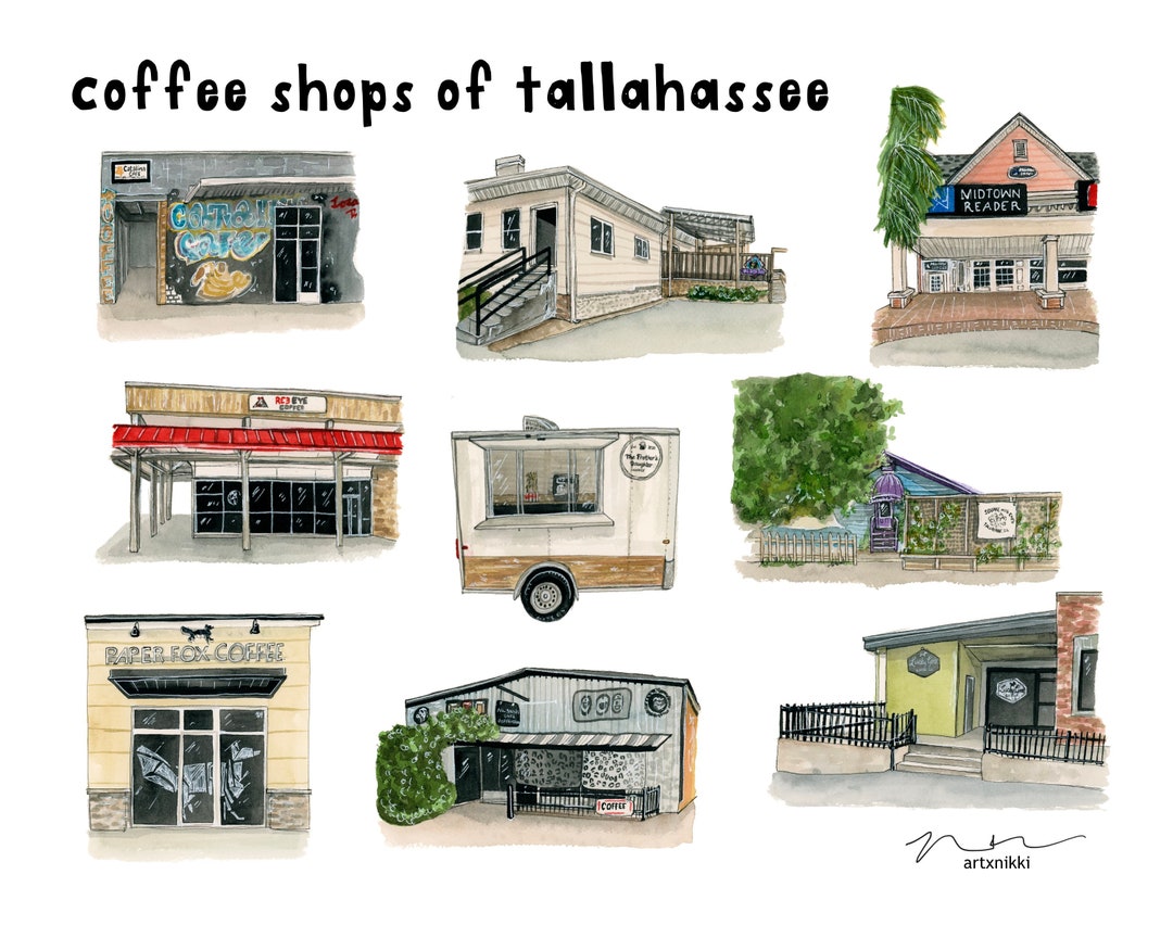 Coffee Shops of Tallahassee Print / Tallahassee Coffe Art / Florida