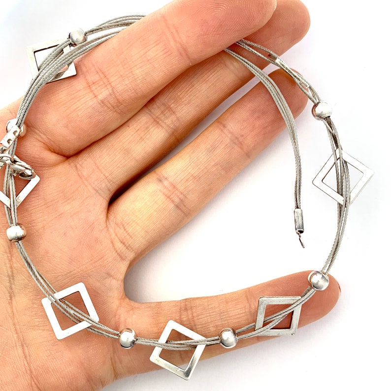 Sterling Silver Bead and Squares Cable Wire Choker Necklace Etsy